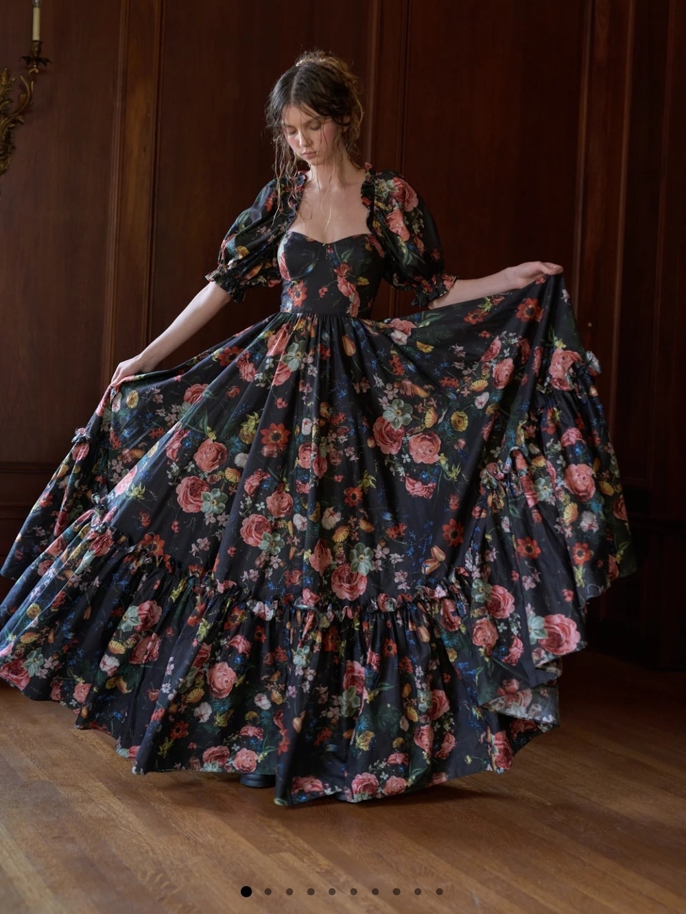 Selkie Black Floral Puff-Sleeve Maxi Dress with Rose Print